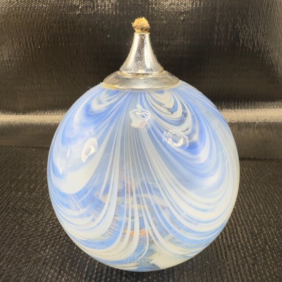 Vintage Pulled Feather Art Glass Oil Lamp Container Orb Blue White Dot Container - Picture 11 of 11
